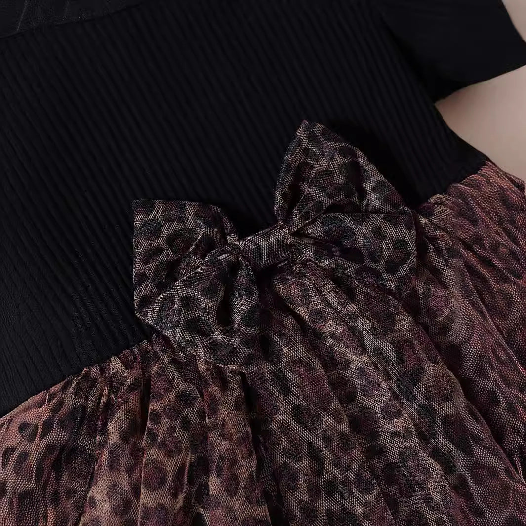 Pullover Cotton Sunken Stripe Short Sleeve Leopard Print Mesh Bow Girls Dress - KreovaKids