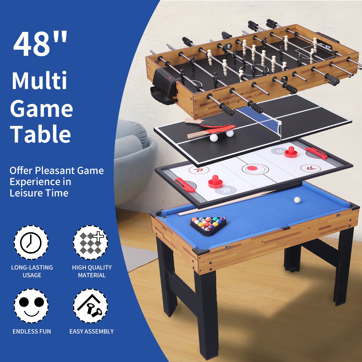 48in Folding Portable Combination Game Table Set With Ping Pong, Air Hockey, Pool Billiards For Kids And Adults, Indoor And Outdoor Games - KreovaKids