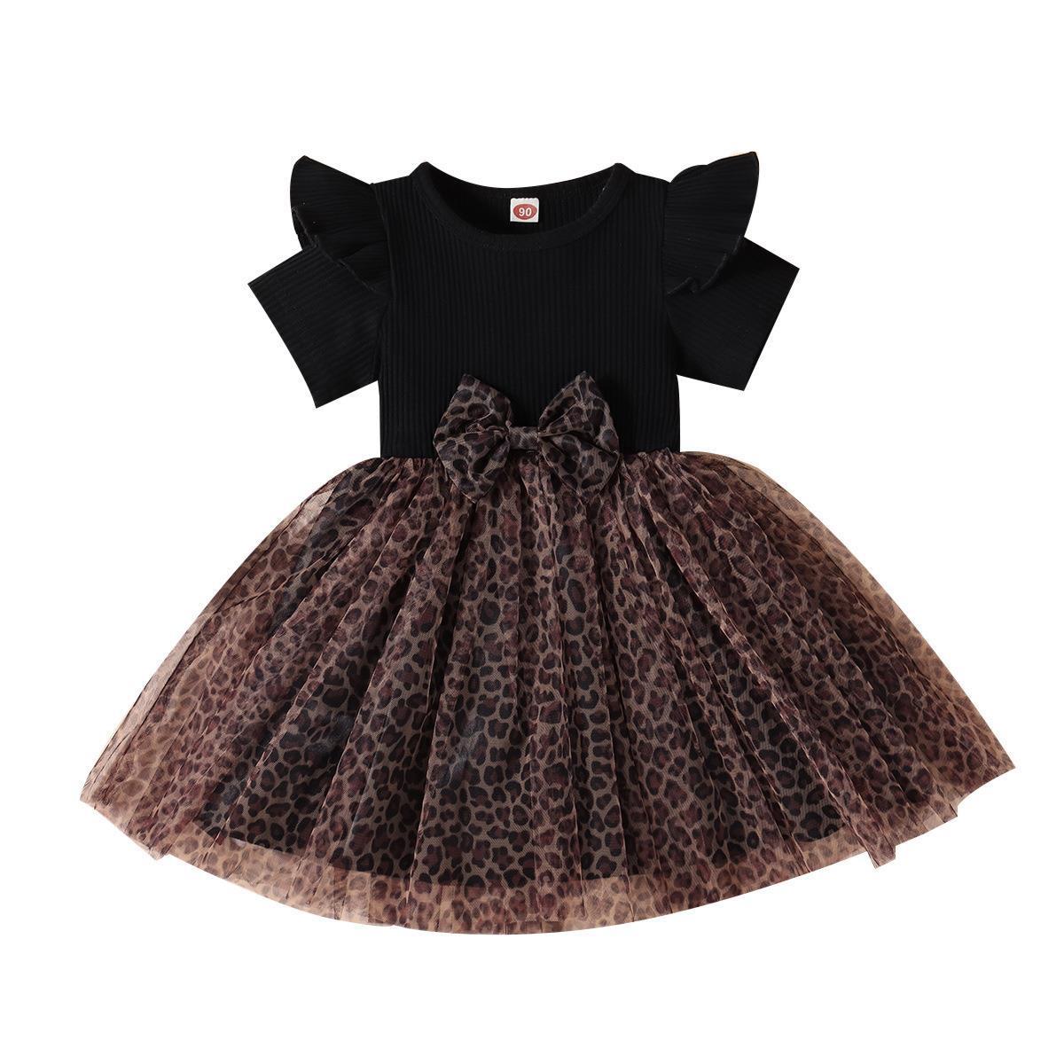 Pullover Cotton Sunken Stripe Short Sleeve Leopard Print Mesh Bow Girls Dress - KreovaKids