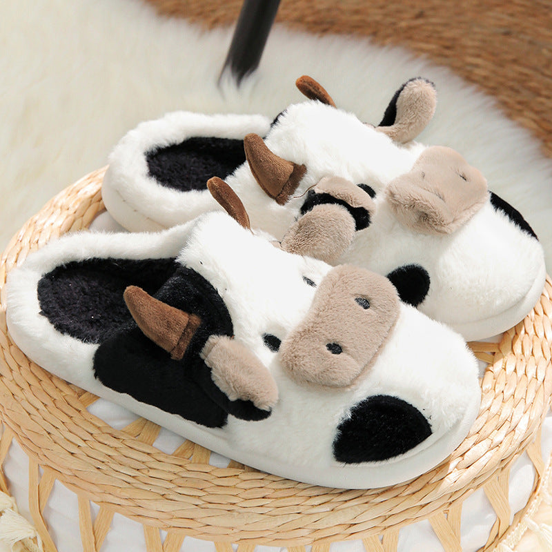 Cow Open Linen Slippers Winter Girls Can Wear At Home - KreovaKids
