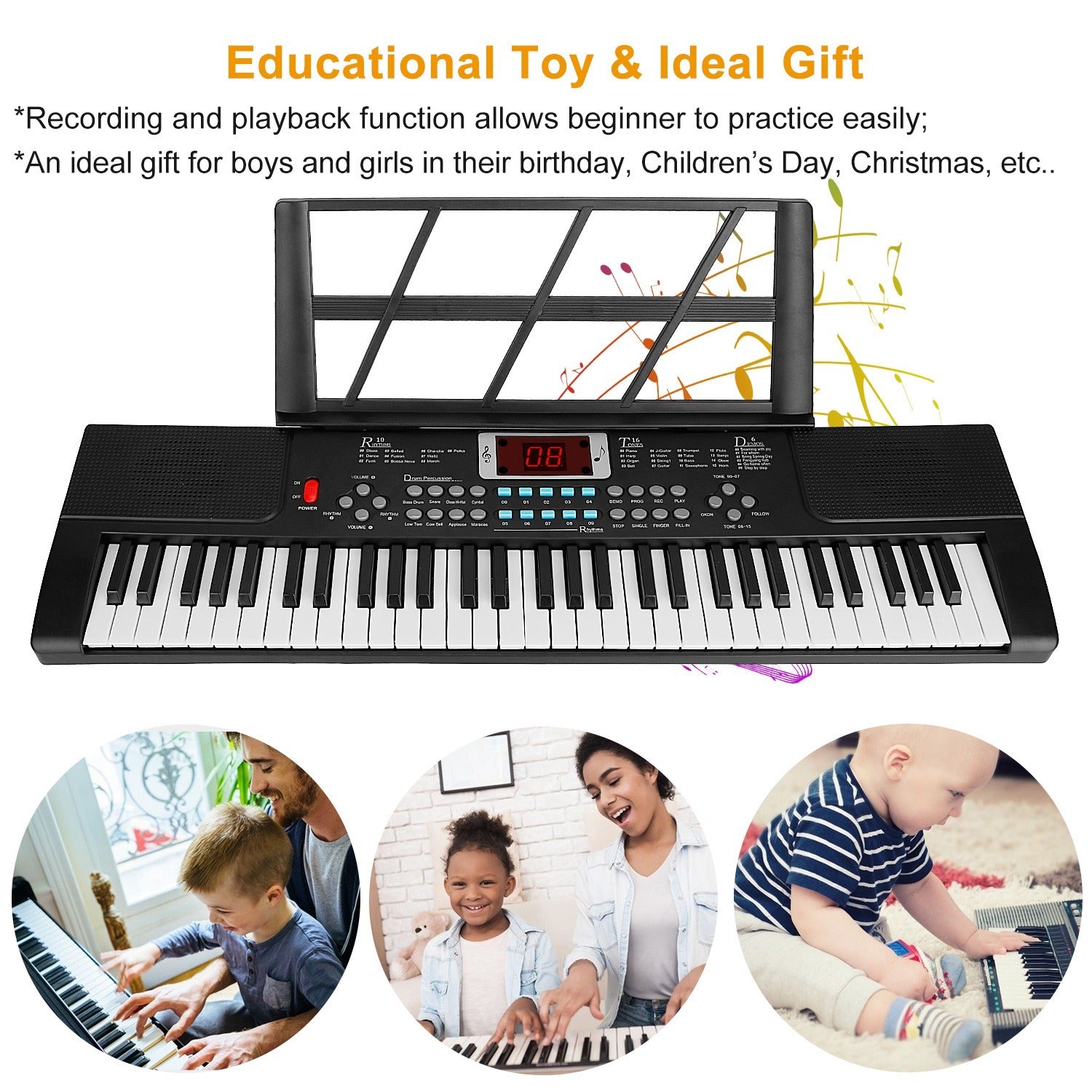 1P 61 Keys Digital Music Electronic Keyboard Electric Musical Piano Instrument Kids Learning Keyboard With Stand Microphone For Beginners - KreovaKids