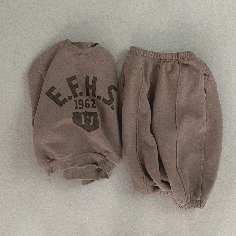 Boys And Girls Letter Printing Casual Fleece Sweater Two-piece Set - KreovaKids