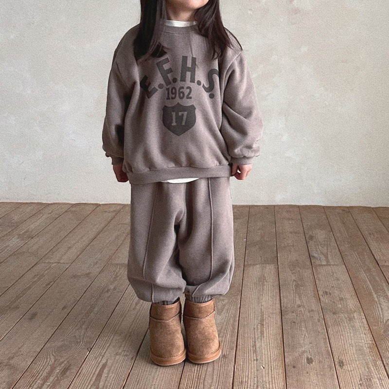 Boys And Girls Letter Printing Casual Fleece Sweater Two-piece Set - KreovaKids