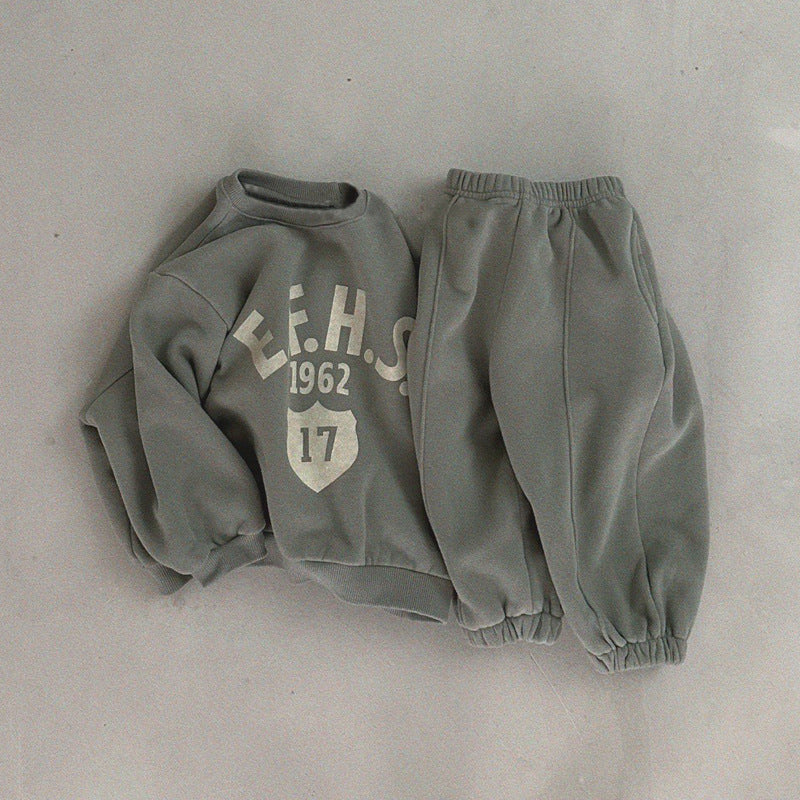 Boys And Girls Letter Printing Casual Fleece Sweater Two-piece Set - KreovaKids