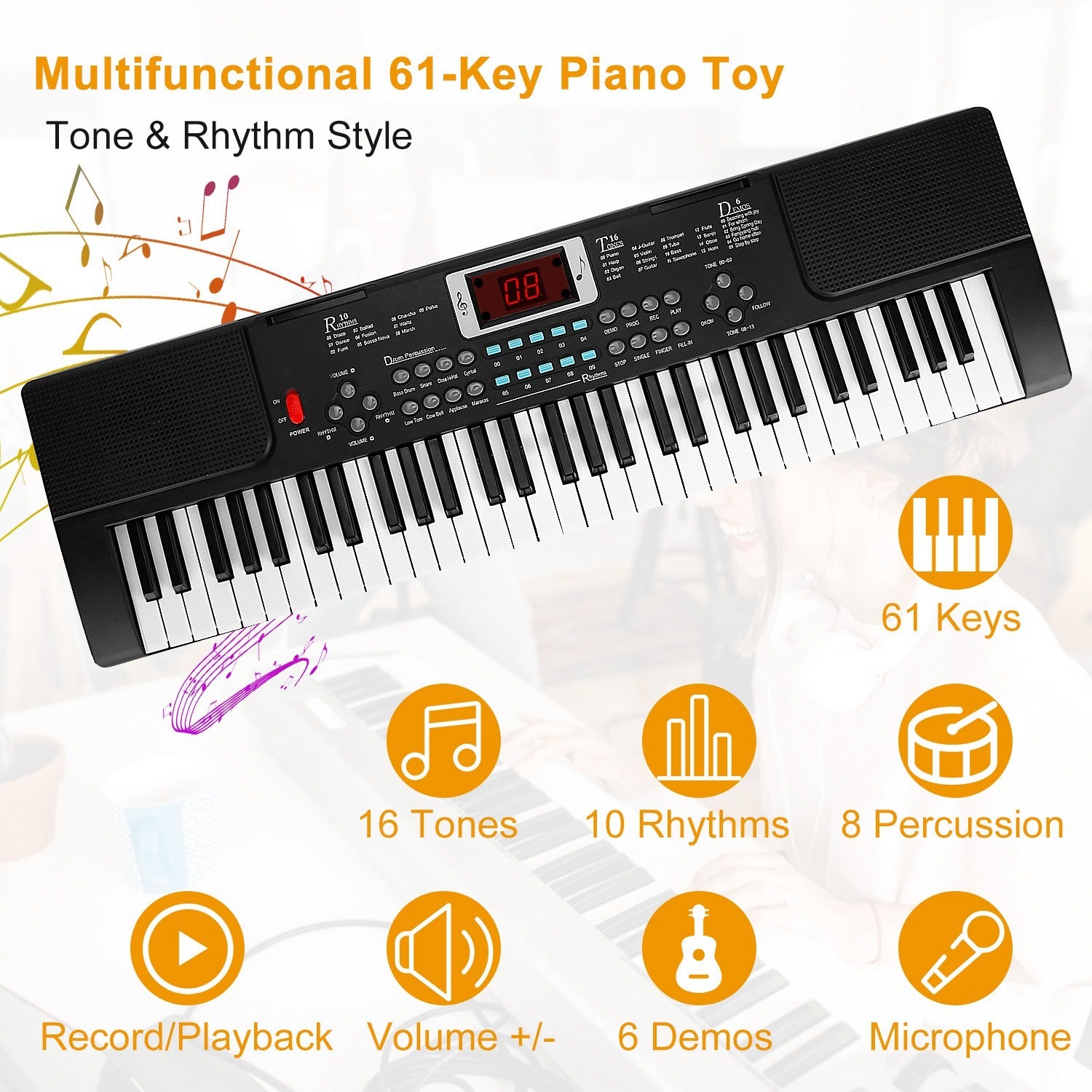 1P 61 Keys Digital Music Electronic Keyboard Electric Musical Piano Instrument Kids Learning Keyboard With Stand Microphone For Beginners - KreovaKids