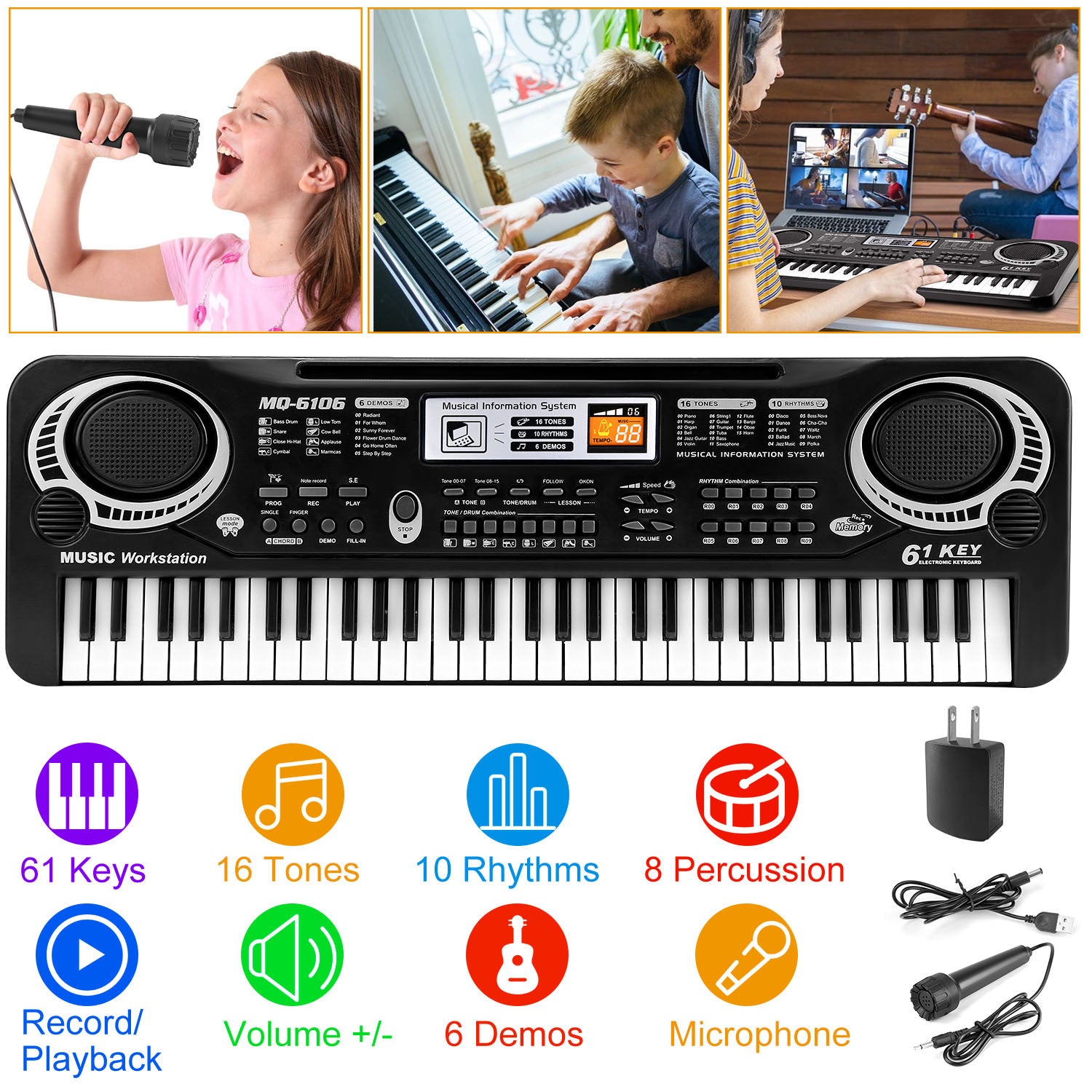 61 Keys Digital Music Electronic Keyboard Electric Piano Musical Instrument Kids Learning Keyboard With Microphone For Beginners Kids Girls Boys Adults - KreovaKids