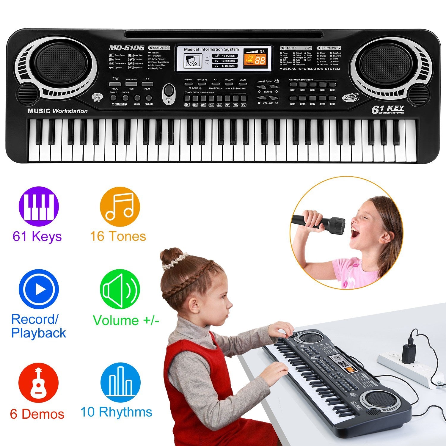 61 Keys Digital Music Electronic Keyboard Electric Piano Musical Instrument Kids Learning Keyboard With Microphone For Beginners Kids Girls Boys Adults - KreovaKids
