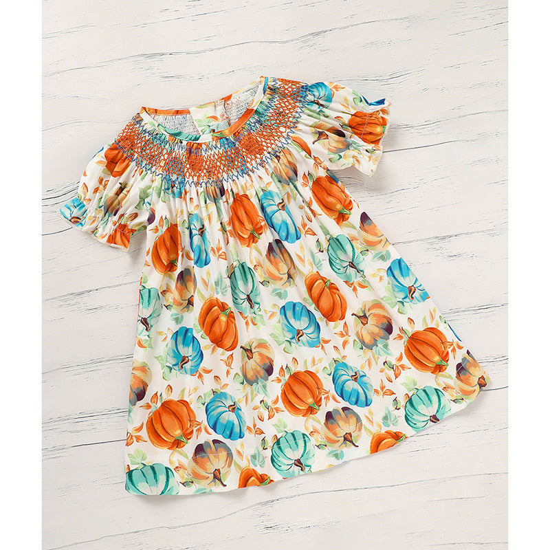 Toddler Baby Girl Pumpkin Smocked Dress Fall Thanksgiving Halloween Embroidered Princess Party Dresses Kids Fall Outfits Clothes - KreovaKids