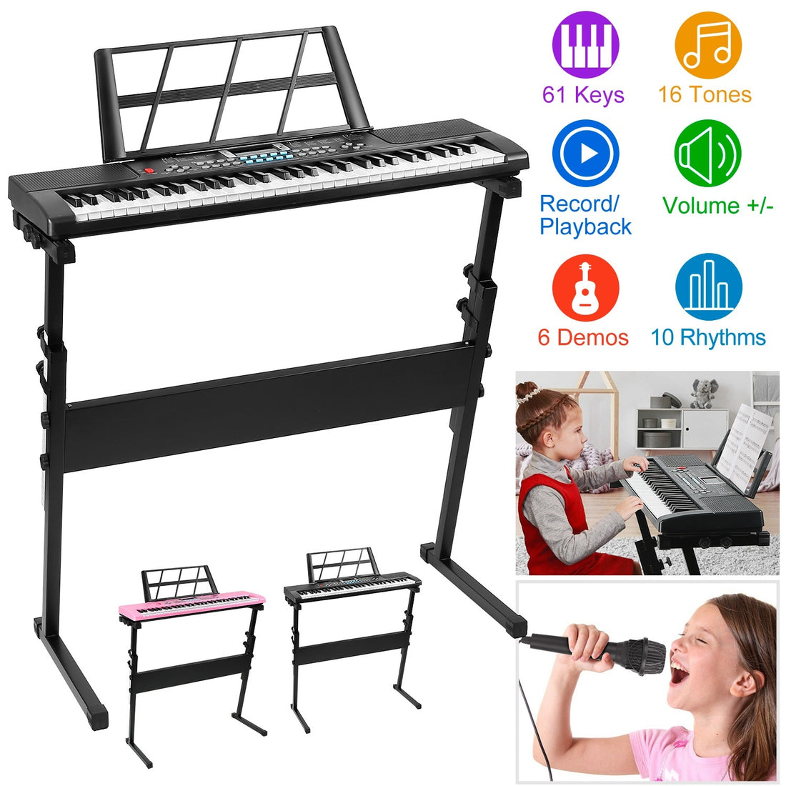 1P 61 Keys Digital Music Electronic Keyboard Electric Musical Piano Instrument Kids Learning Keyboard With Stand Microphone For Beginners - KreovaKids