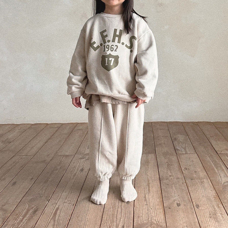 Boys And Girls Letter Printing Casual Fleece Sweater Two-piece Set - KreovaKids