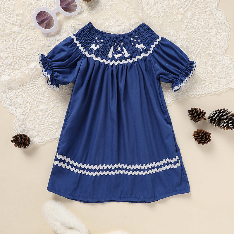 Toddler Infant Girl Christmas Santa Embroidery Short Sleeve Princess Party Dress Smocked Baby Girl Clothes - KreovaKids