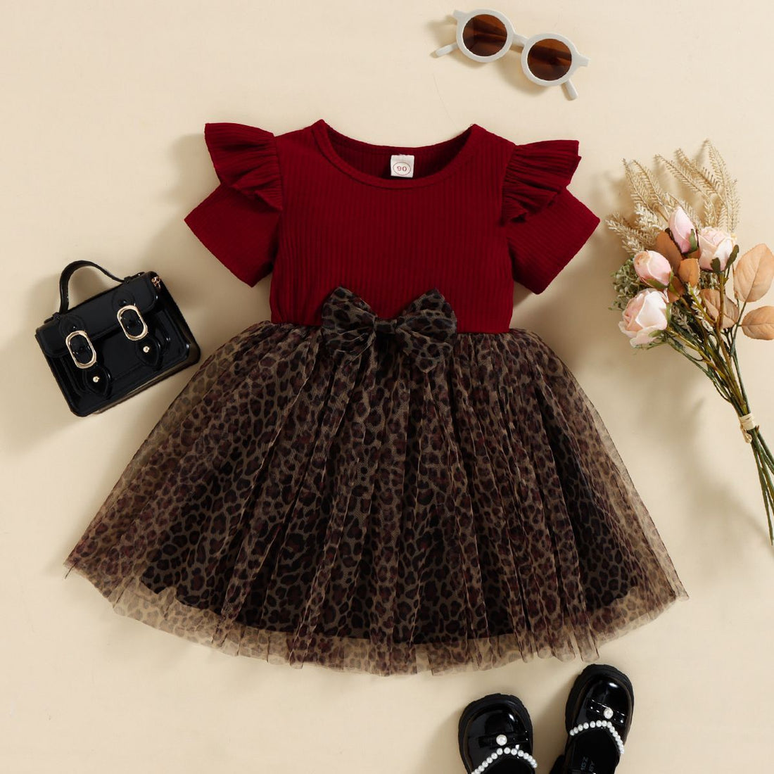Pullover Cotton Sunken Stripe Short Sleeve Leopard Print Mesh Bow Girls Dress - KreovaKids